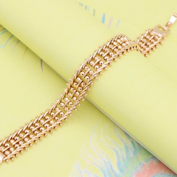 "Wide Rose Gold Plated Textured Bracelet with Elegant Bead Design, XPBL0891 - Picture 2 of 12